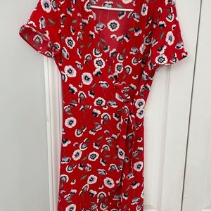 Red floral J. crew wrap dress.